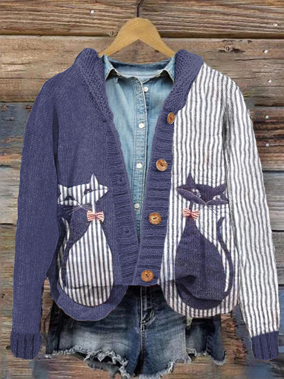 Cute Cats Striped Pattern Cozy Knit Cardigan elevenforest