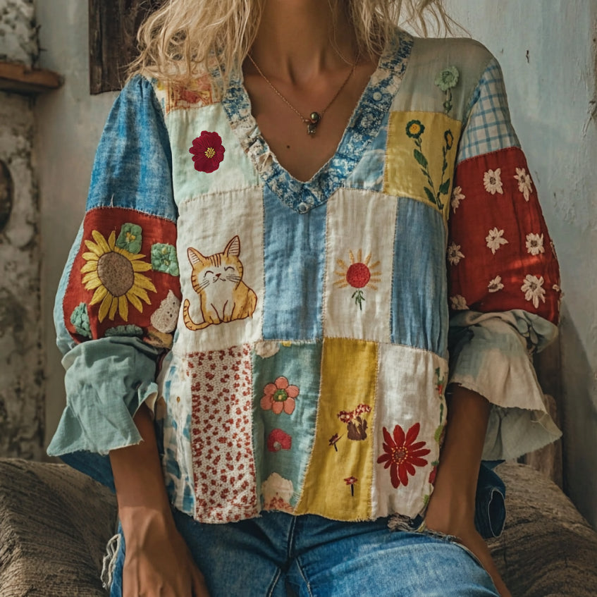 Vintage Abstract Creative Patchwork Cute Cat Art Embroidered Cozy Linen Blend T-shirt elevenforest