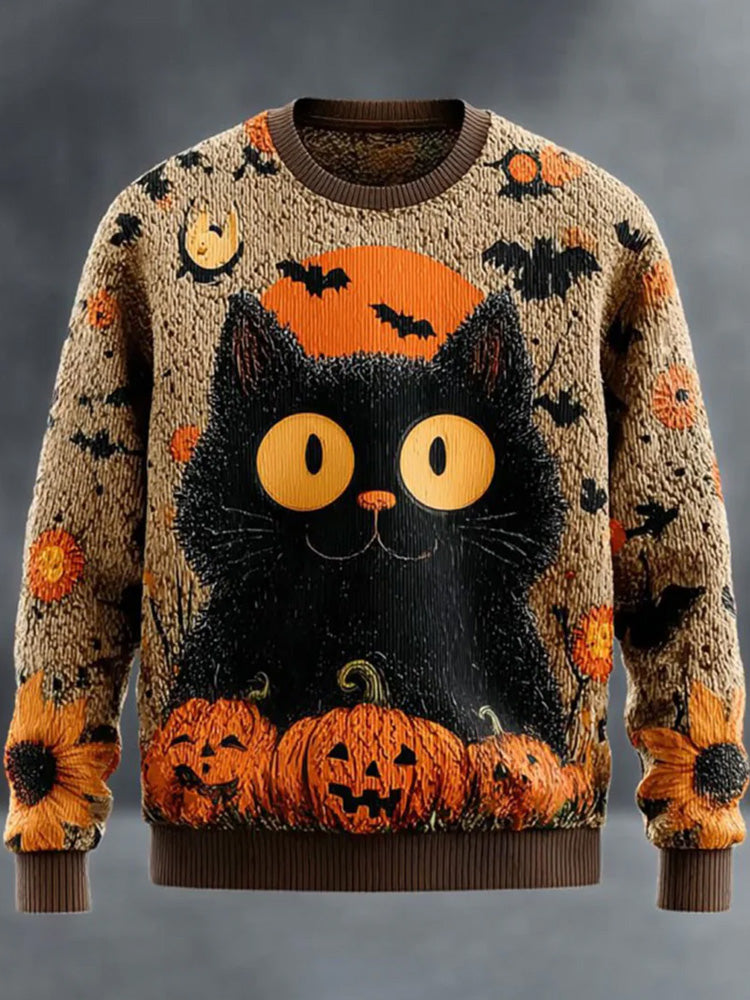Men's Halloween Black Cat Knitted Sweater elevenforest
