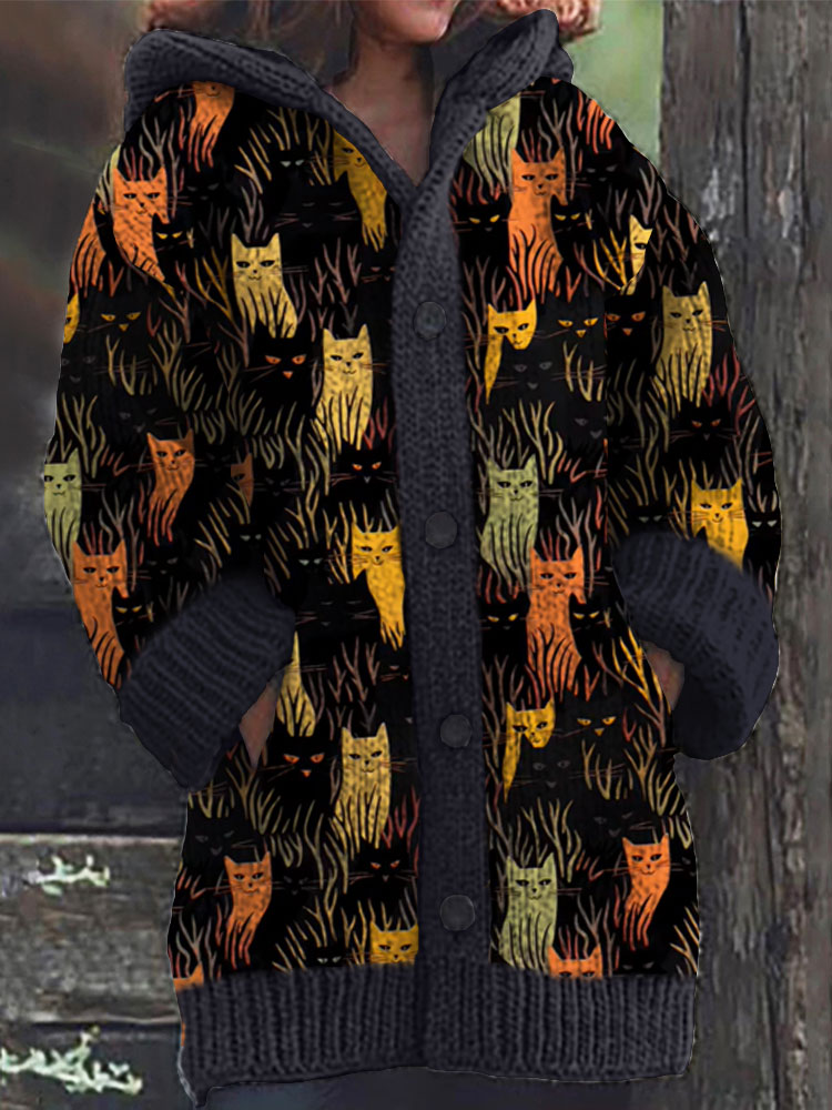 Colorful Cat Pattern Cozy Hooded Cardigan elevenforest