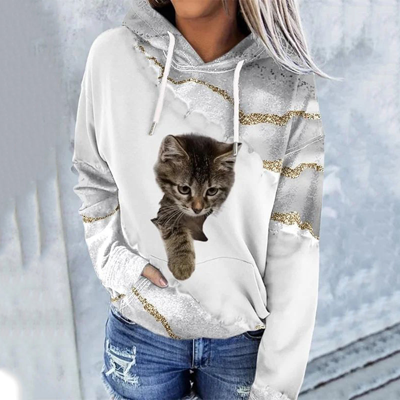 Women's Casual Cat Print Hooded Sweatshirt elevenforest