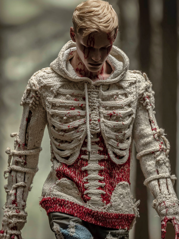 Men's Halloween Three-dimensional Skeleton Blood Stains Thick Needle Hooded Sweater artswardrobe