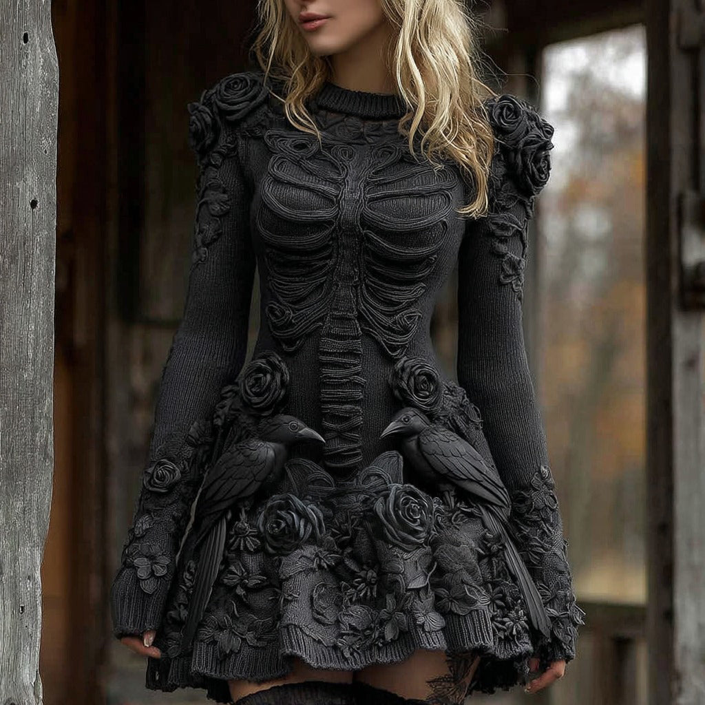 Women's Halloween Skeleton With Rose And Raven Art Knit Mini Sweater Dress artswardrobe