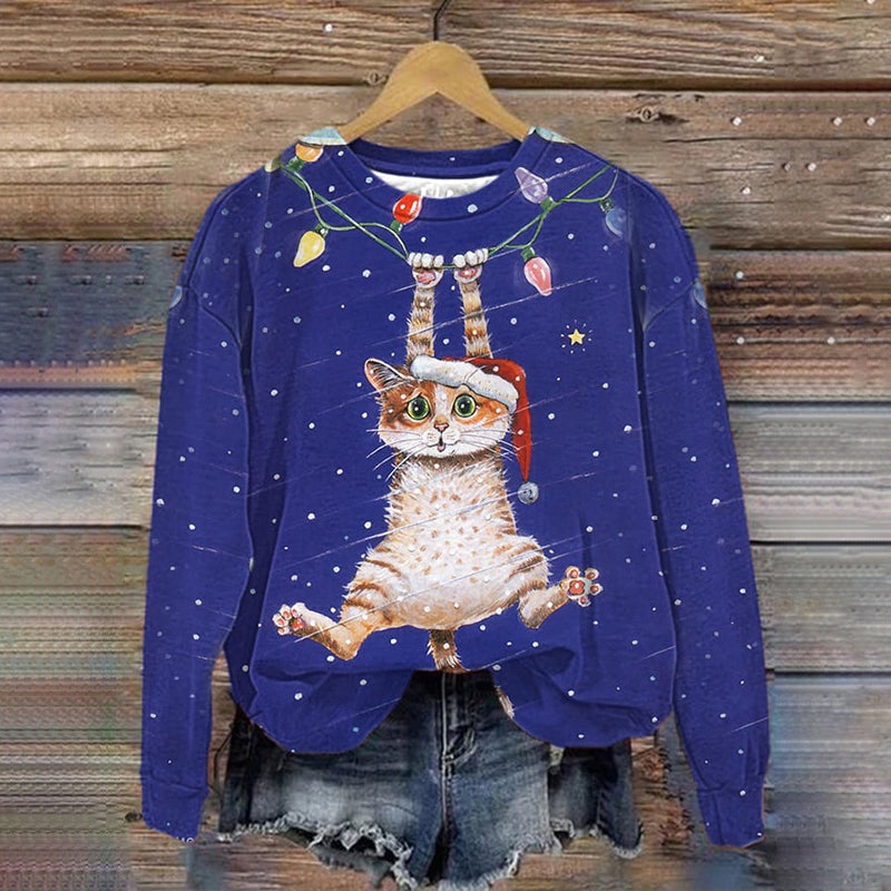Christmas Cat Print Crew Neck Long Sleeve Sweatshirt elevenforest