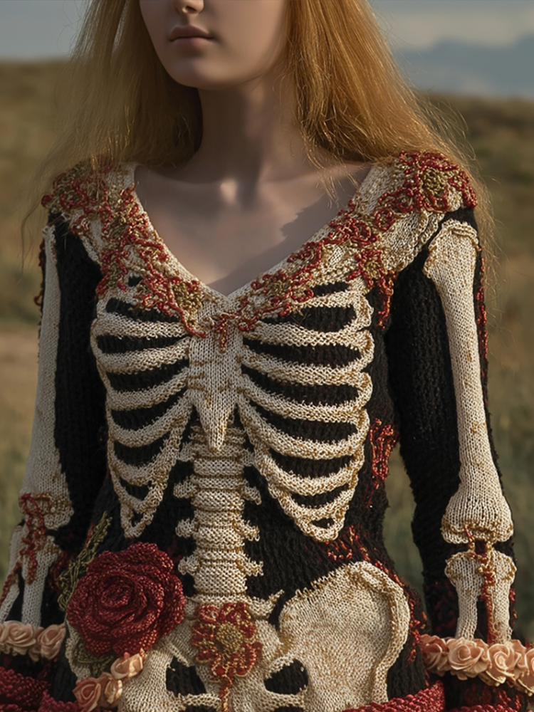 Ladies' V-neck Knitted Sweater With Halloween-themed Line Art And Botanical Floral Design. artswardrobe