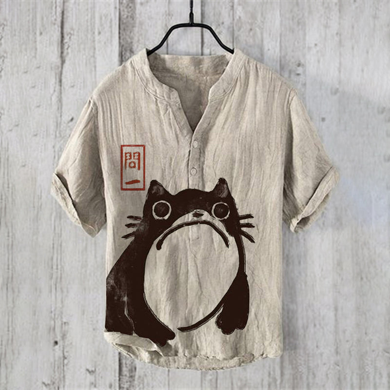 Japanese Retro Abstract Squatting Cat Art Print Linen Blend Shirt elevenforest
