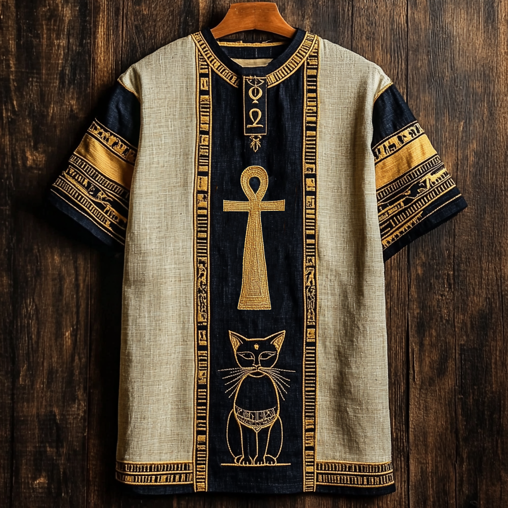 Ancient Egyptian Ankh Bastet Cat Embroidered Linen Shirt elevenforest