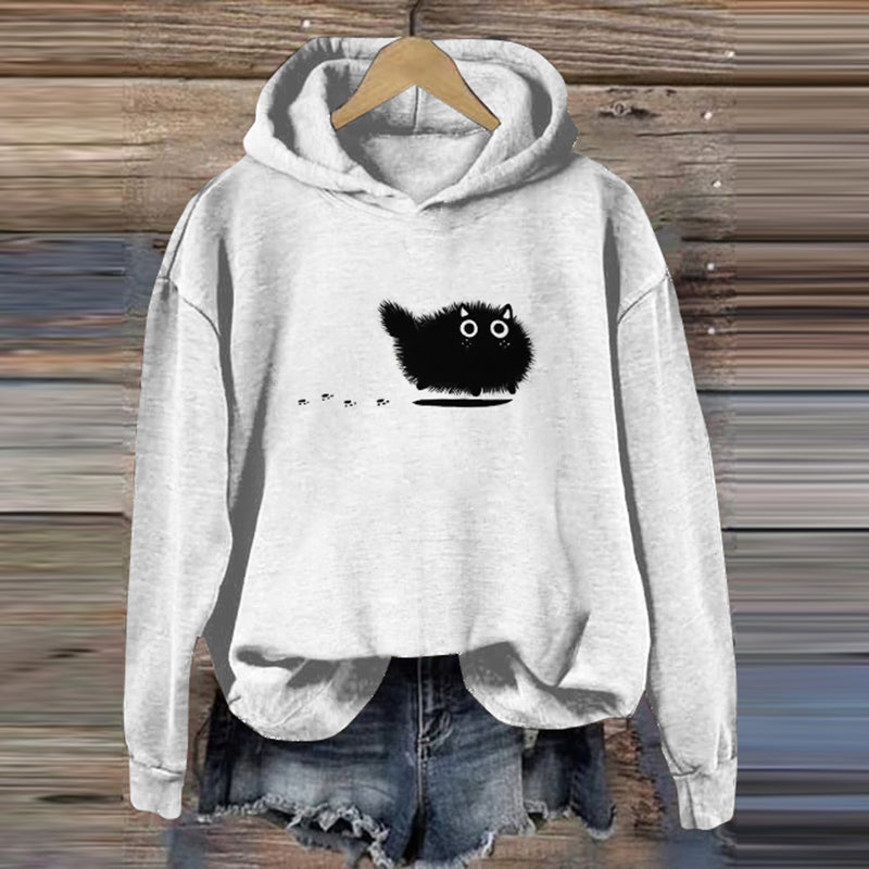 Women's Running Black Cat Print Casual Hoodie elevenforest