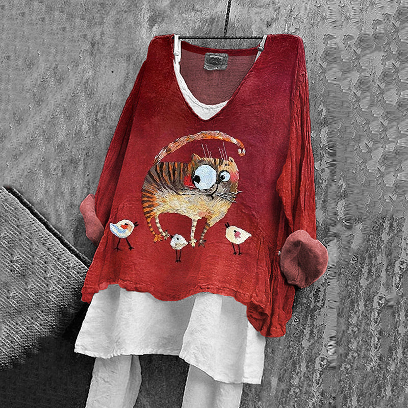 Women's Cat And Bird Embroidery Art V-neck Linen Blend Shirt elevenforest