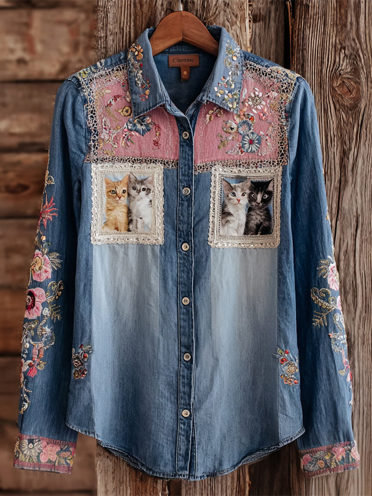 Vintage Cat Floral Embroidered Lace Art Women's Long Sleeve Denim Shirt elevenforest