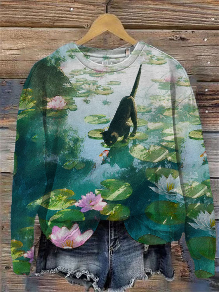 Women's Casual Japanese Art Funny Black Cat Print Sweatshirt elevenforest