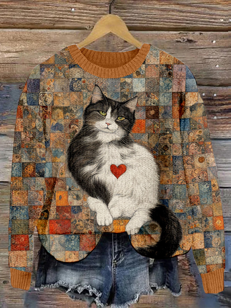 Whimsical Patchwork Cat Art Crew Neck Cozy Sweater elevenforest