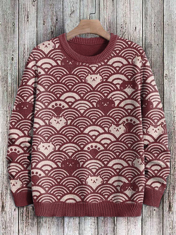 Cats & Waves Japanese Art Print Cozy Knit Sweater elevenforest