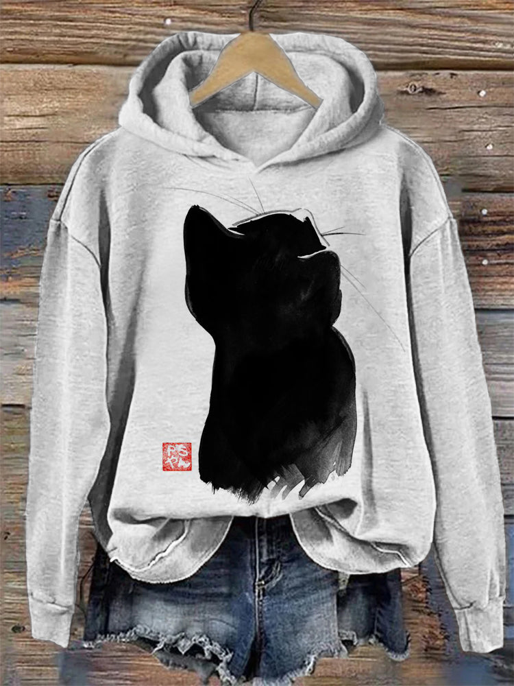 Black Cat Art Print Vintage Cozy Hoodie elevenforest
