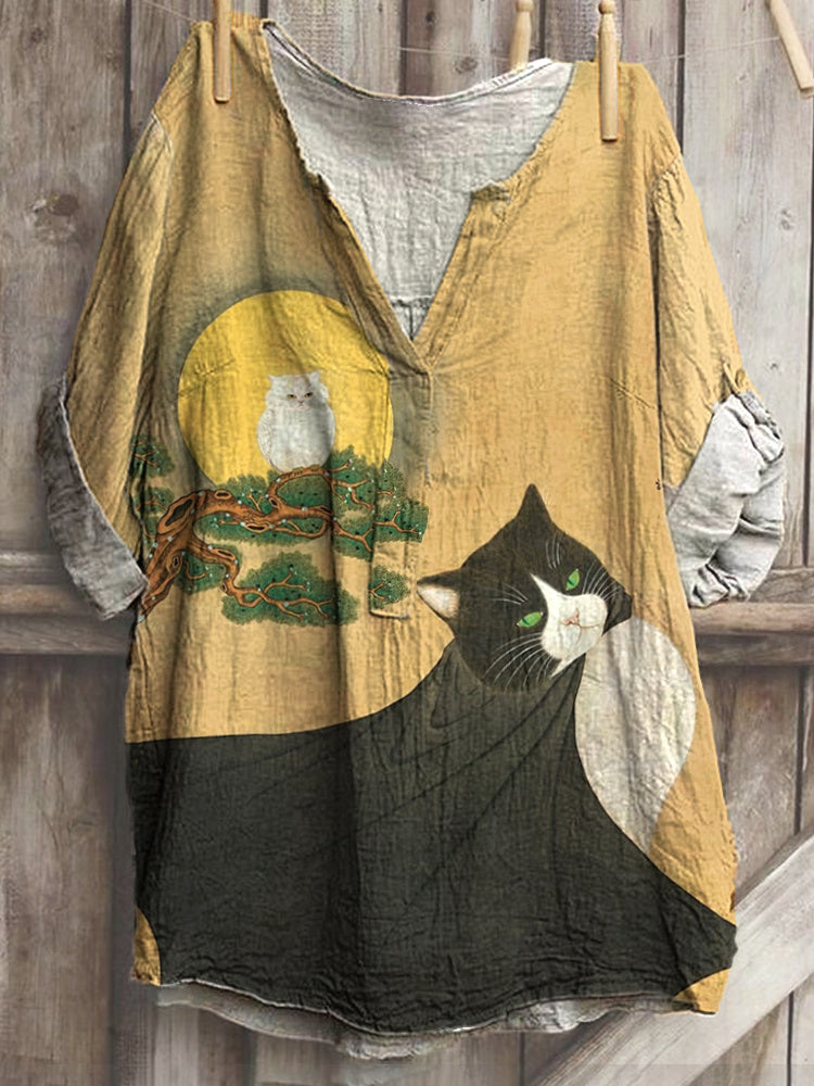 Japanese Art Cat Print Cotton Blend Shirt elevenforest