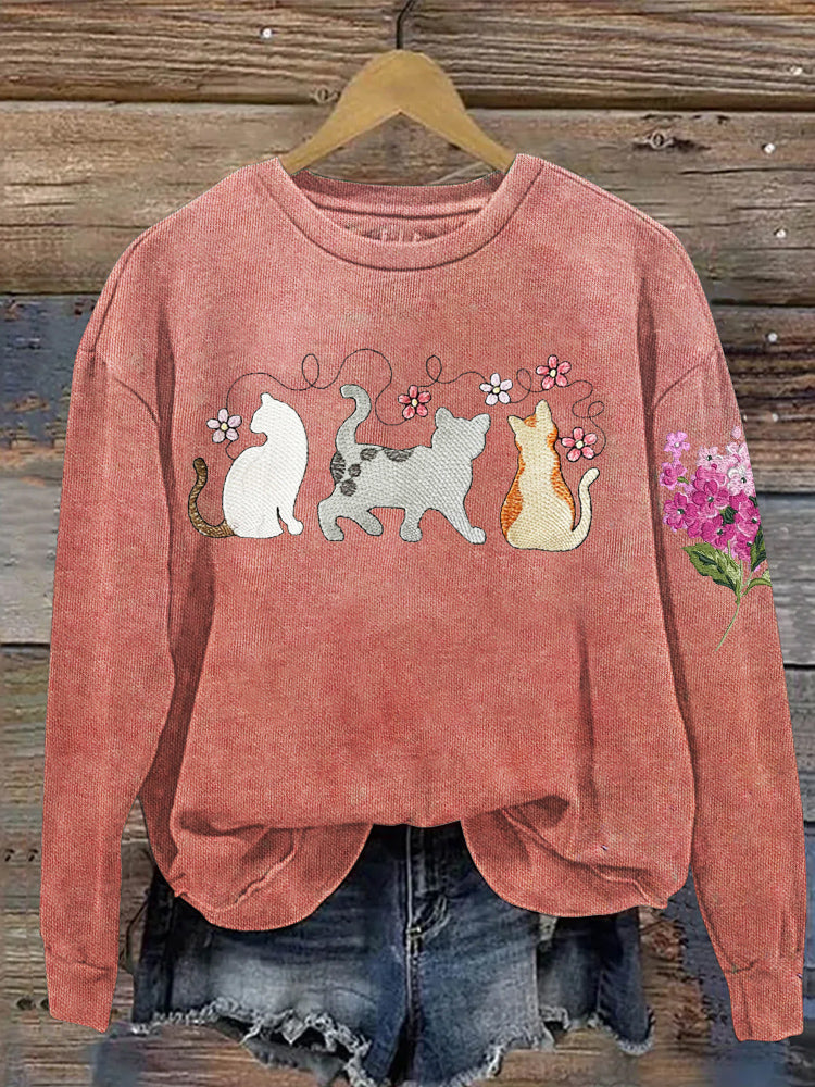 Spring Cat Floral Embroidery Women's Casual Sweatshirt elevenforest