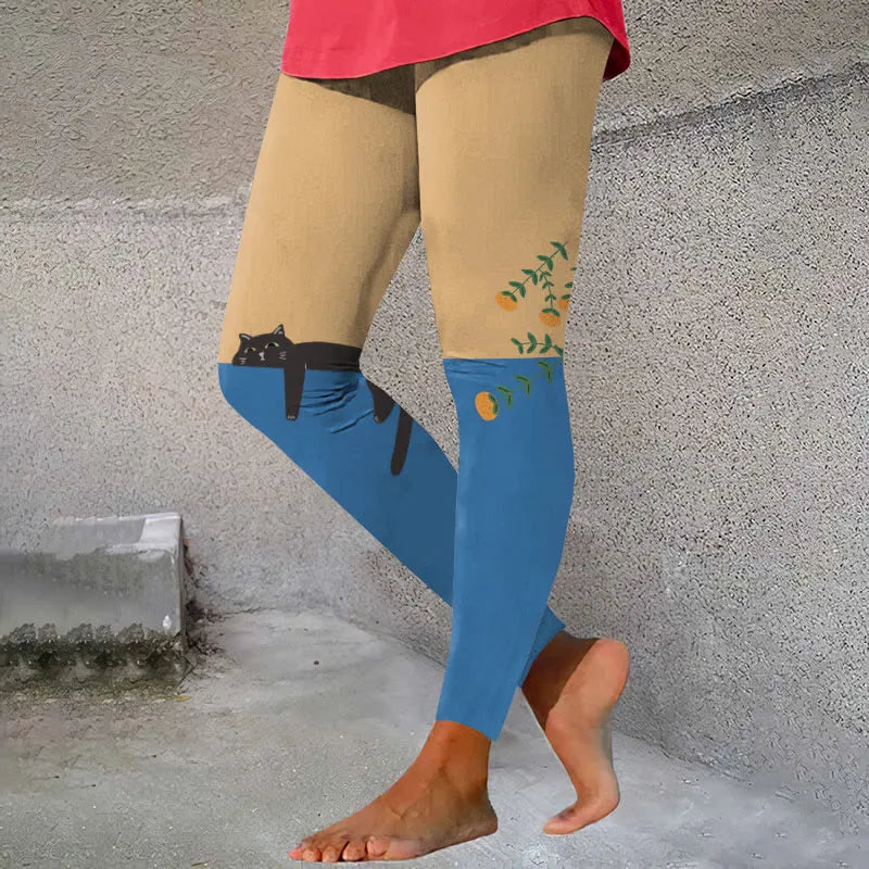 Abstract Creative Lazy Black Cat Painting Art Casual Leggings elevenforest