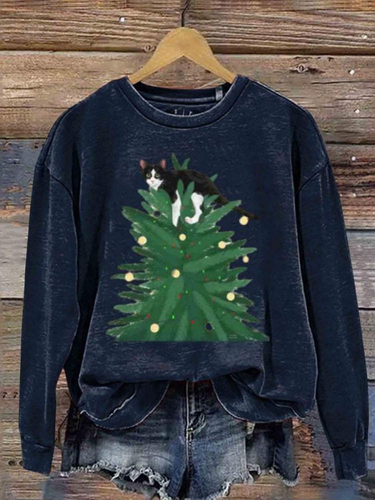 Women's Christmas Cute Pet Cat Printed Sweatshirt elevenforest