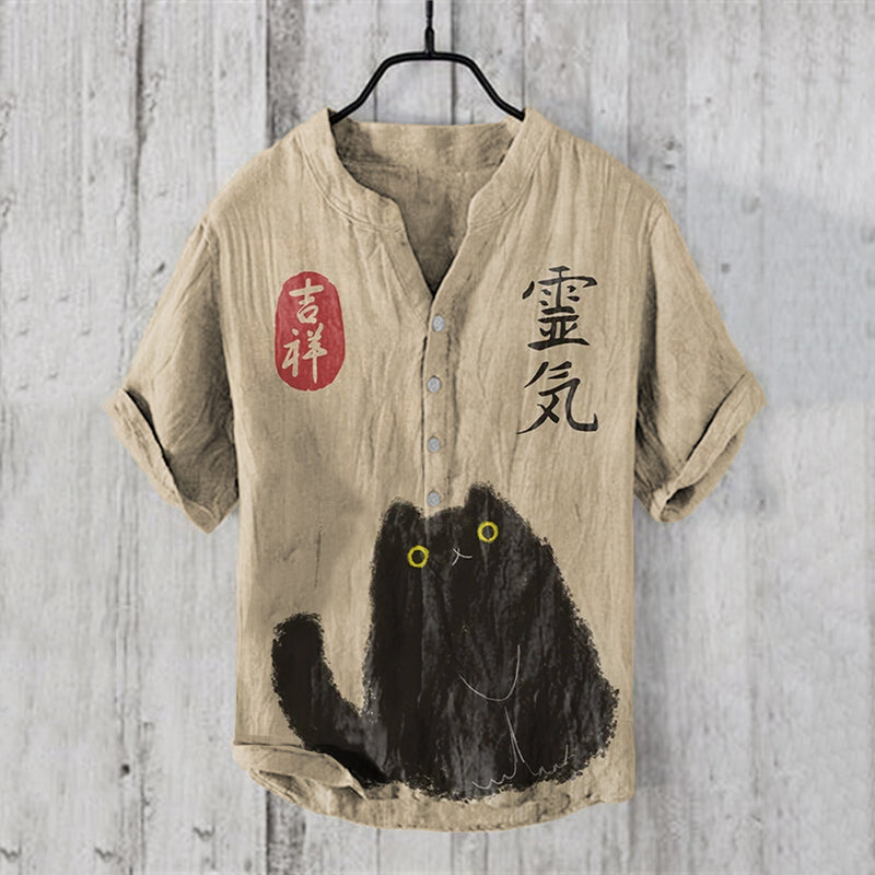Abstract Creative Japanese Black Cat Art Linen Blend Shirt elevenforest