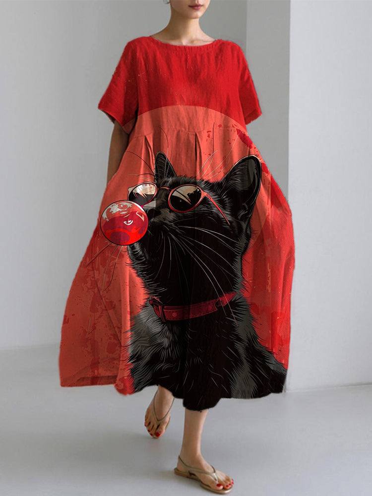 A Cat Wearing Sunglasses Oil Painting Print Dress elevenforest