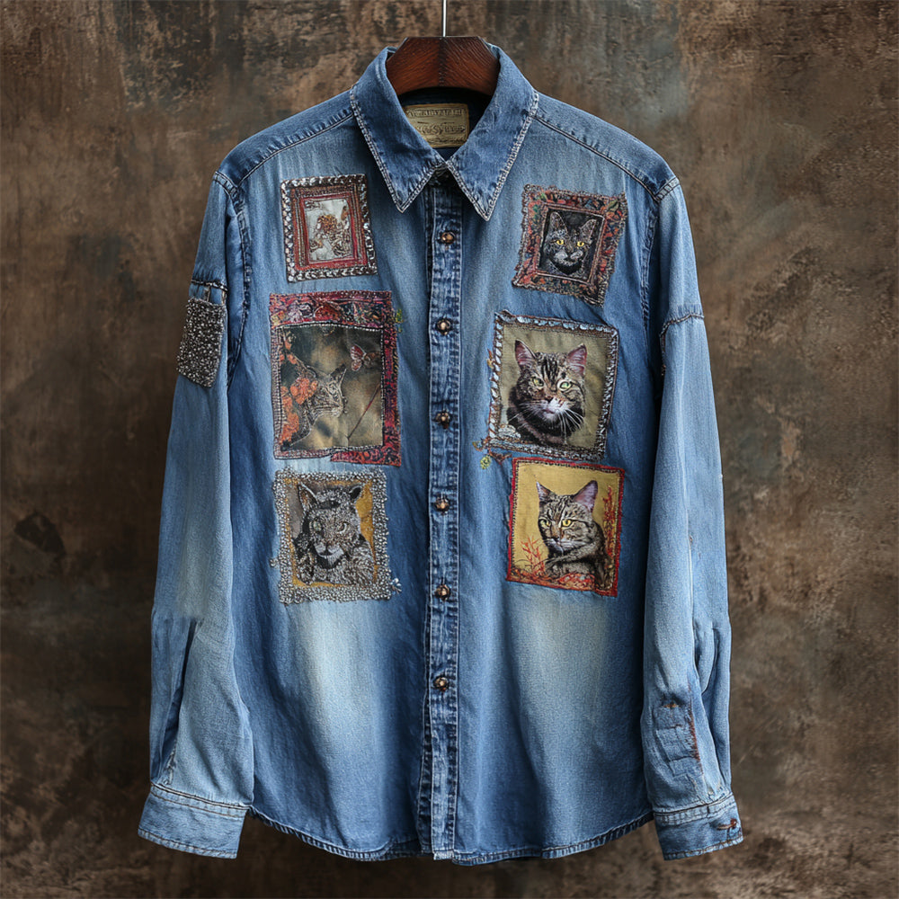 Vintage Cat Head Art Women's Long Sleeve Denim Shirt elevenforest