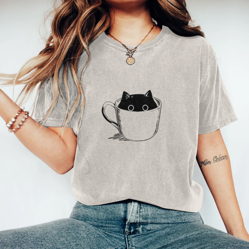 Abstract Creative Black Cat In Coffee Cup Art Print T-shirt elevenforest