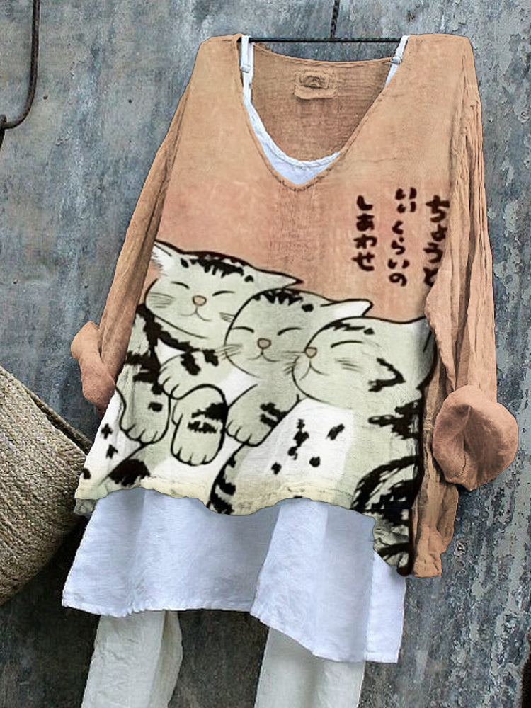 Japanese Sleeping Cats Women's Linen Shirt elevenforest