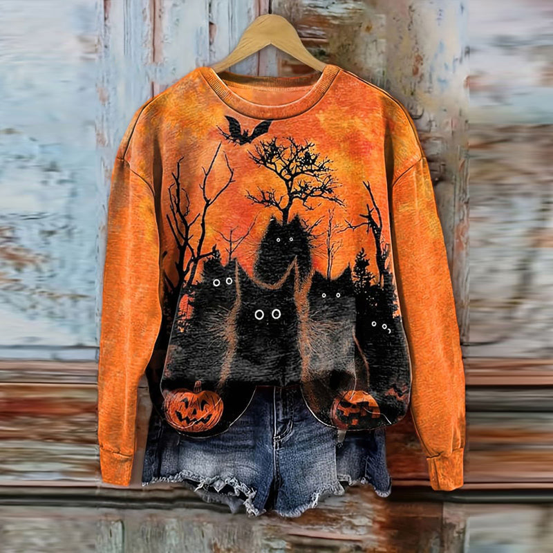 Halloween Black Cat Print Casual Sweatshirt elevenforest