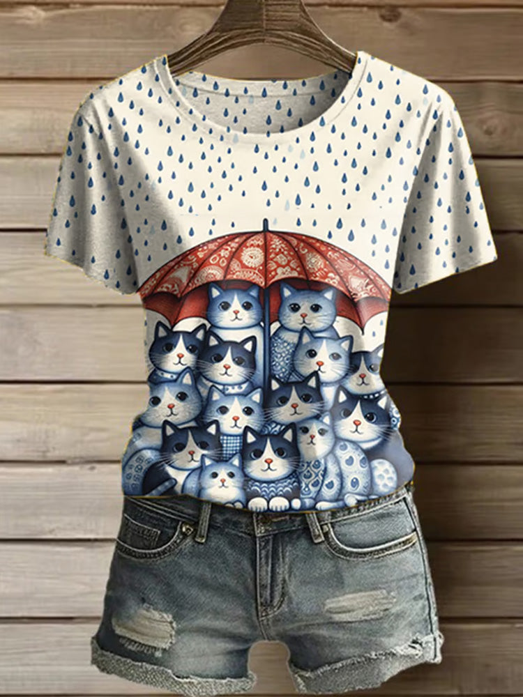 Women's Casual Cute Cat Printed Round Neck Short Sleeve T-shirt elevenforest