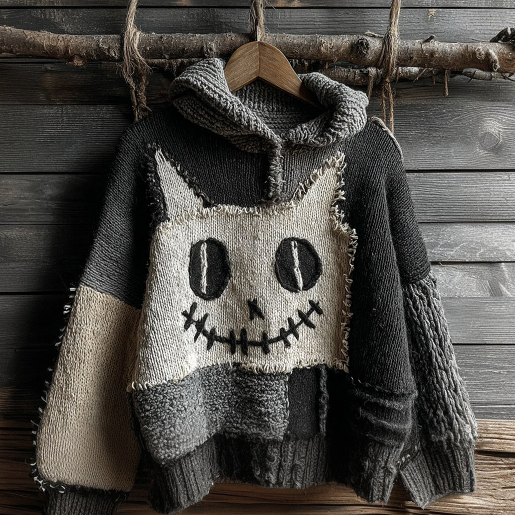 Halloween Cat Spooky Face Contrast Stitched Cozy Knit Hooded Sweater elevenforest