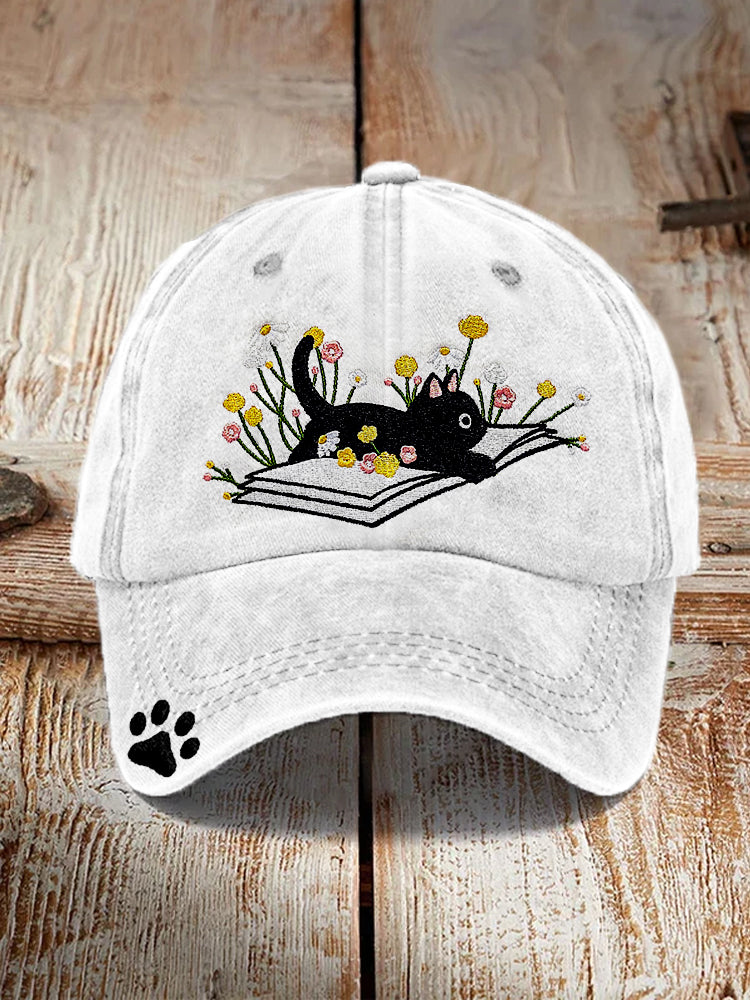 Cute Lying On The Book Cat Embroidered Art Cap elevenforest