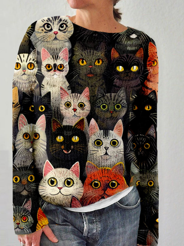 Cute Crowded Cats Pattern Cozy Knit Sweater elevenforest
