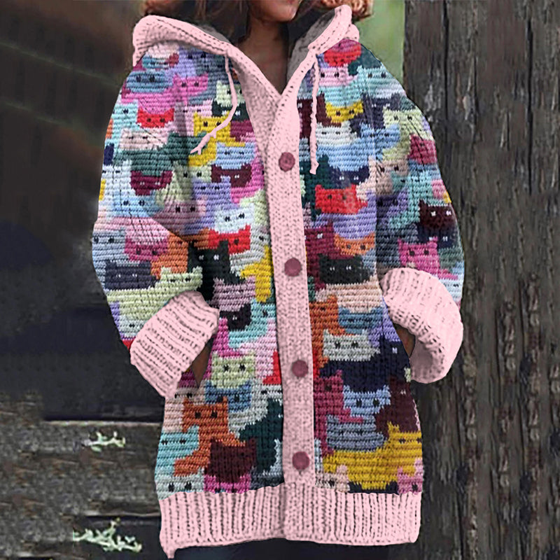 Vintage Cute Cats Worlds Pattern Cozy Cardigan Sweater elevenforest