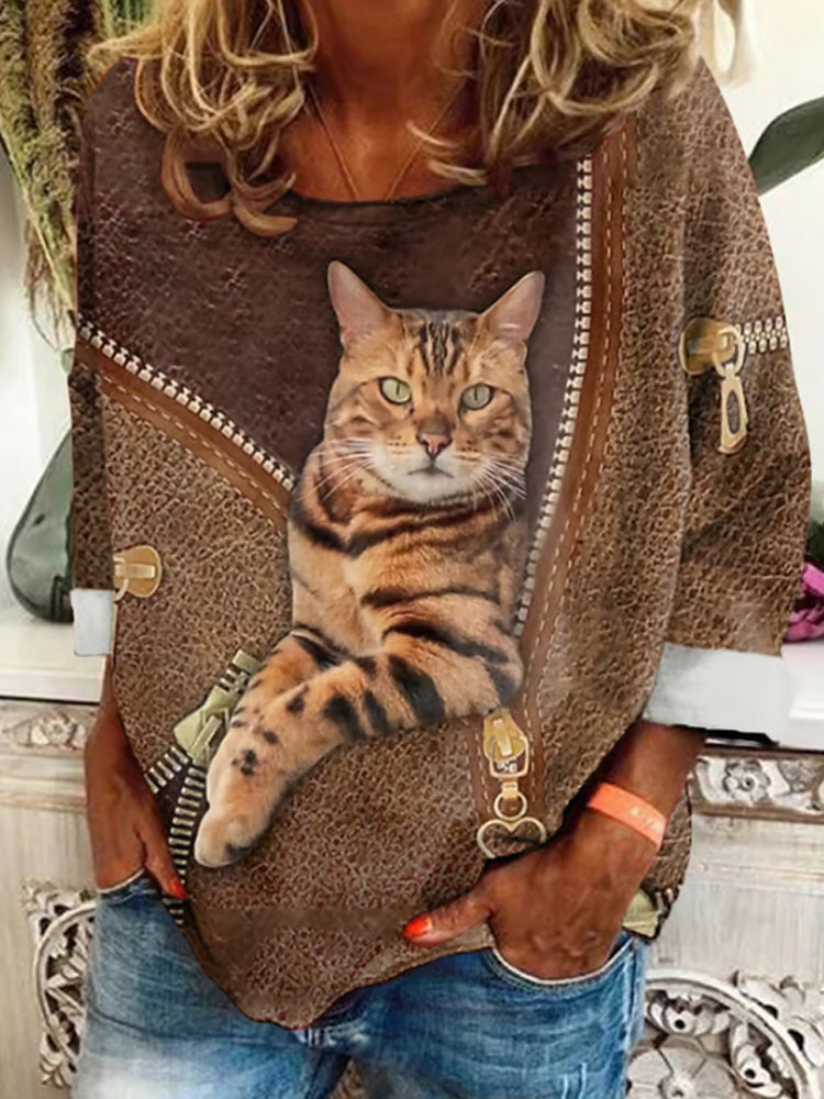 Retro Cat 3d Zipper Leather Print Sweatshirt elevenforest
