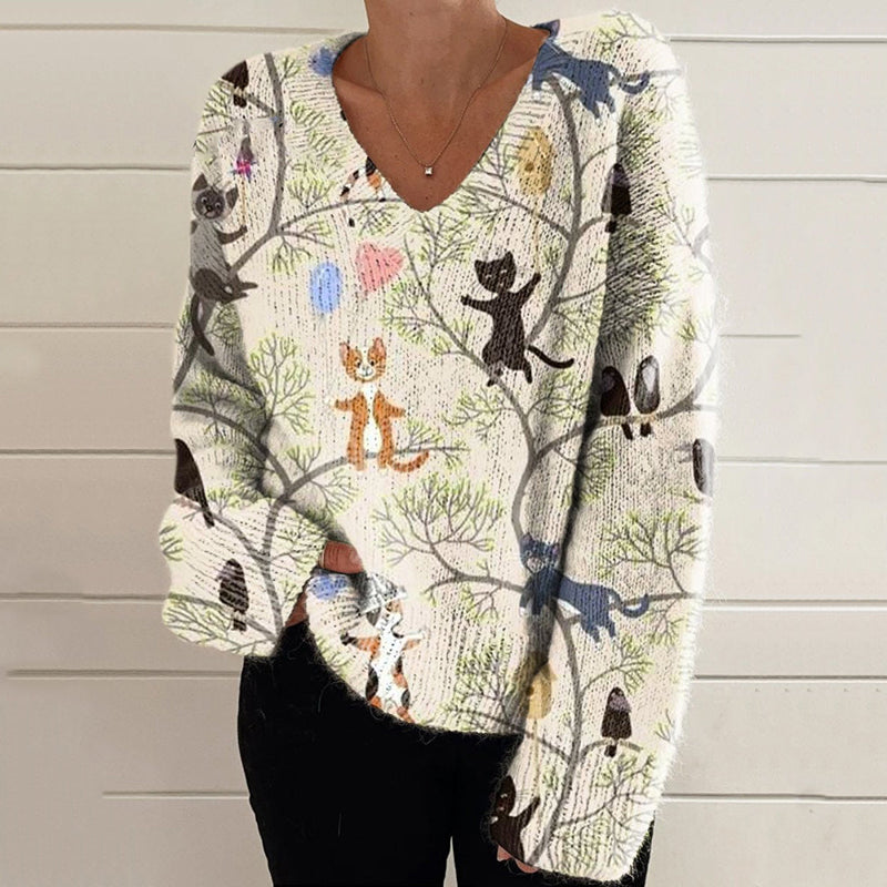 Cat Art Print V-Neck Knitted Pullover Sweater elevenforest