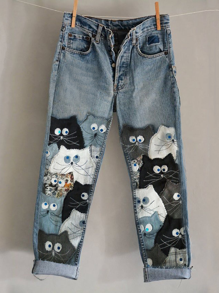 Lovely Crowded Cats Denim Fiber Art Washed Jeans elevenforest