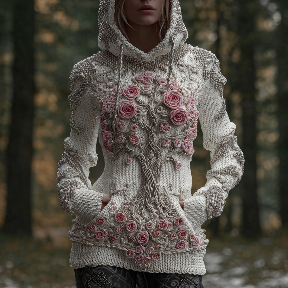 Women's Viking Style Tree Of Life Beaded Beige Fashionable Hooded Sweater artswardrobe