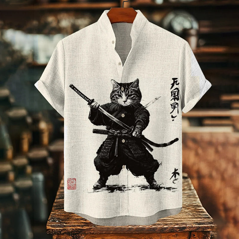 Men's Japanese Samurai Cat Print Short Sleeve Shirt elevenforest