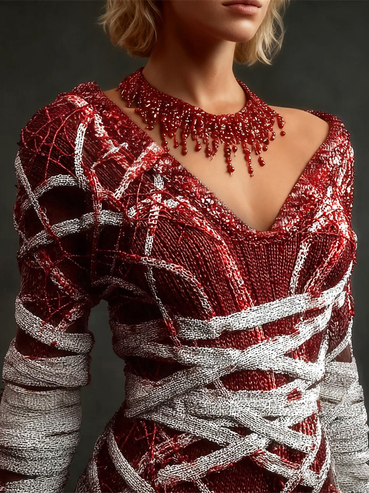 Halloween Blood-red Bandage Art Women's V-neck Sweater artswardrobe