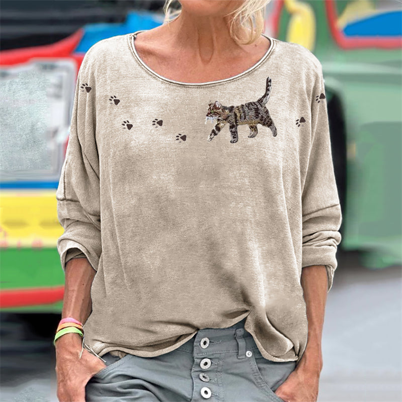 Cat & Paw Prints Yoke Embroidered Washed T Shirt elevenforest