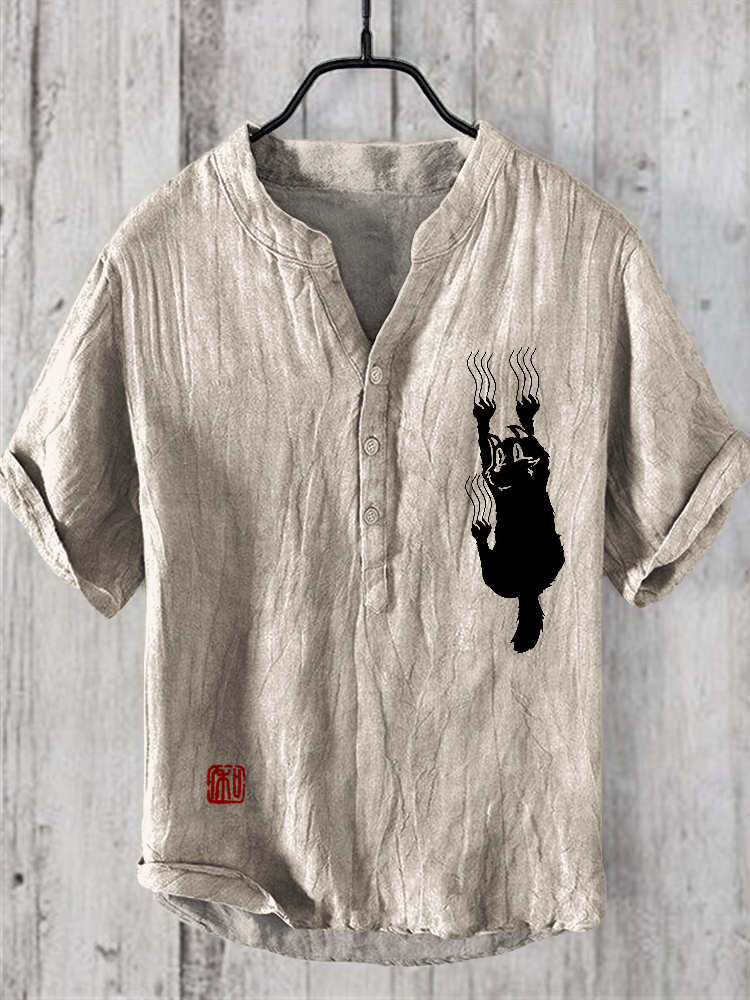 Hanging Cat Print Men's Linen V-Neck Shirt elevenforest