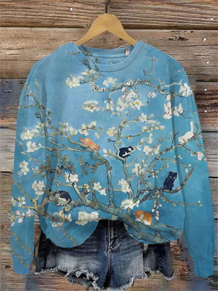 Women's Casual Japanese Art Funny Black Cat Print Sweatshirt elevenforest