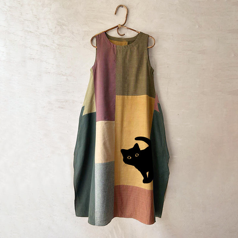 Women's Cute Black Cat Contrast Color Design Midi Dress elevenforest