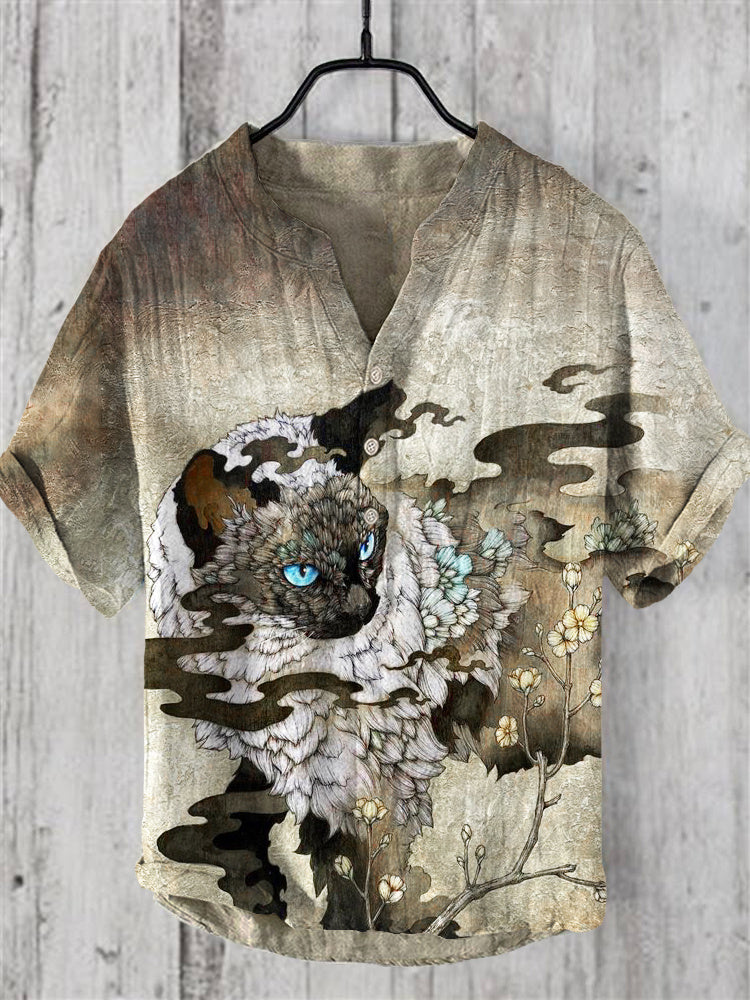 Vintage Cat Ink Print Casual Linen Shirt elevenforest
