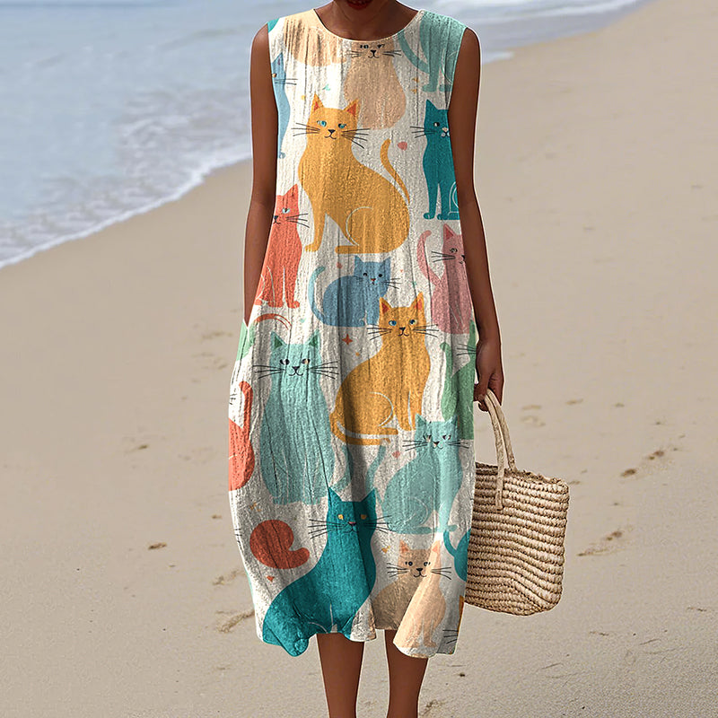 Women's Colorful Cat Art Print Linen Tank Midi Dress elevenforest