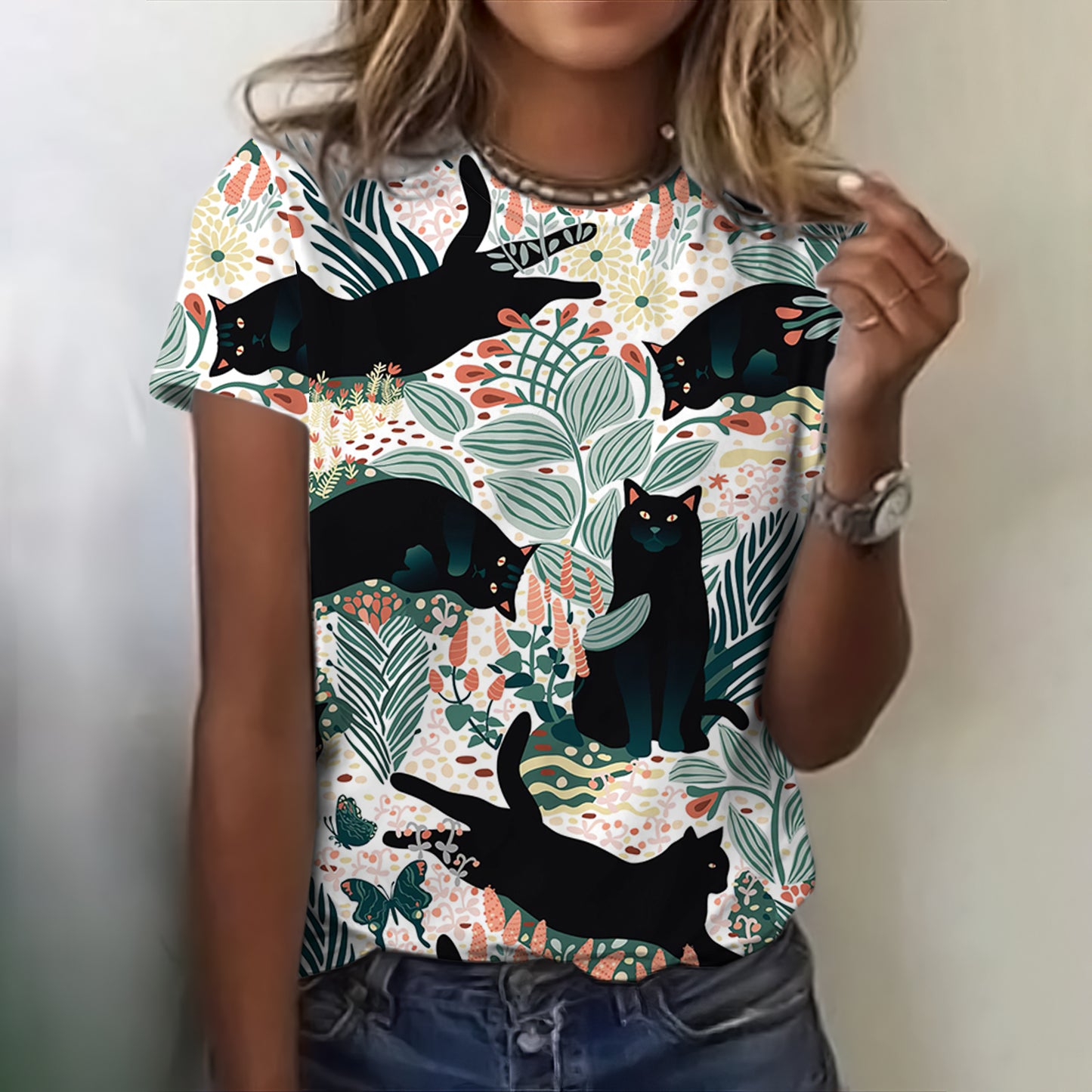 Women's Floral Cat Art Print Crew Neck T-shirt elevenforest