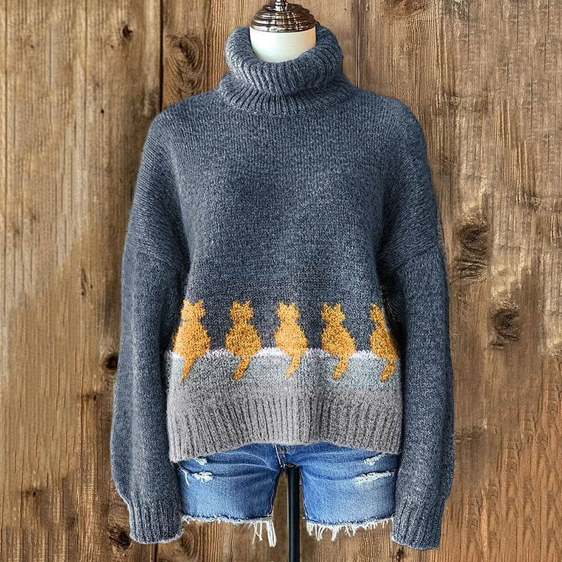 Abstract Cat Art Knitted Turtleneck Sweater elevenforest