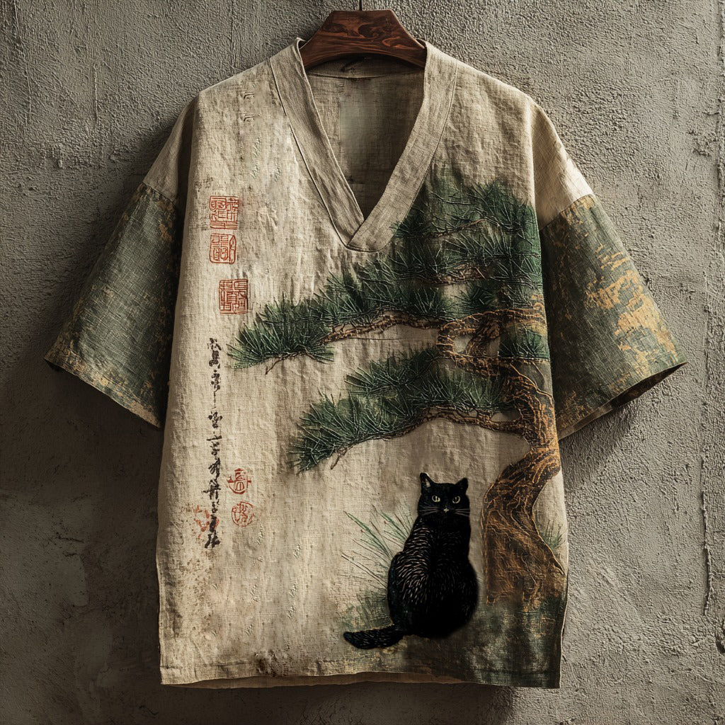 Japanese Black Cat Under The Pine Tree Art Contrast Linen V Neck Shirt elevenforest