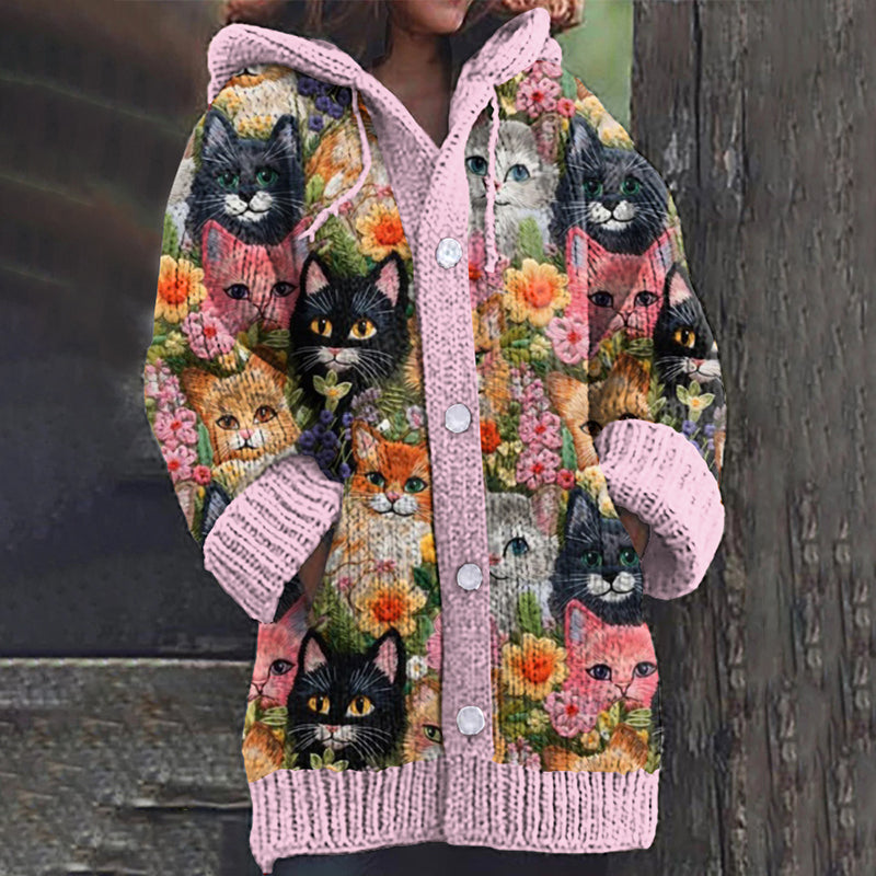 Vintage Cats And Floral Art Button Cardigan Sweater elevenforest