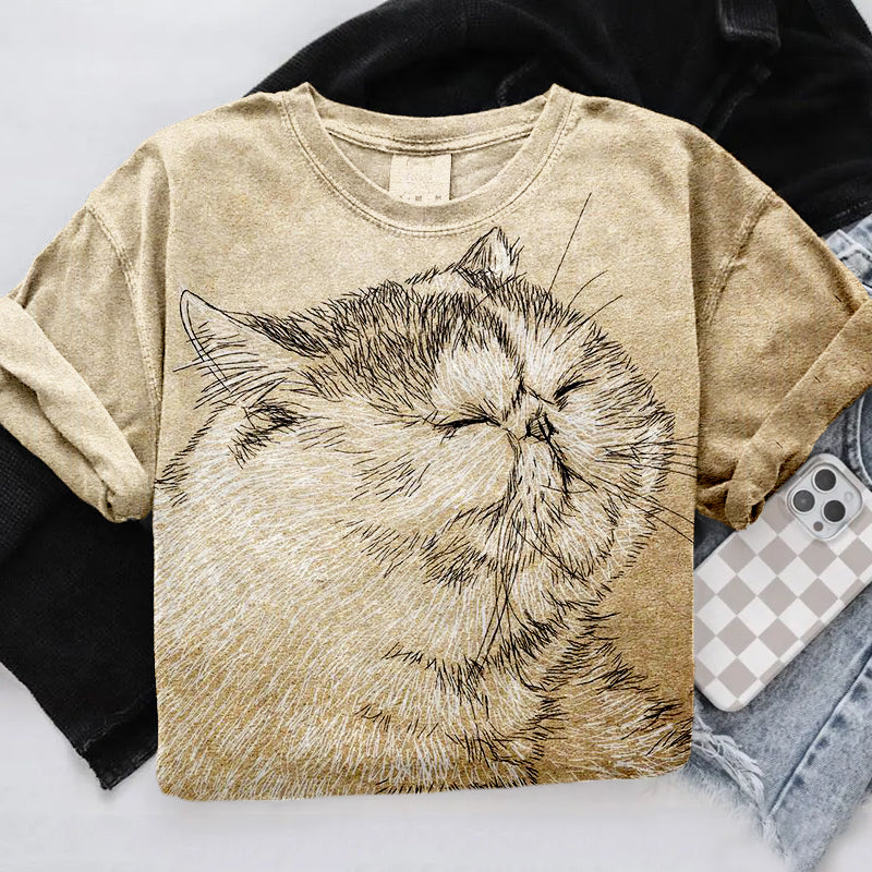 Cute Cat Print Short Sleeve Vintage Washed T Shirt elevenforest